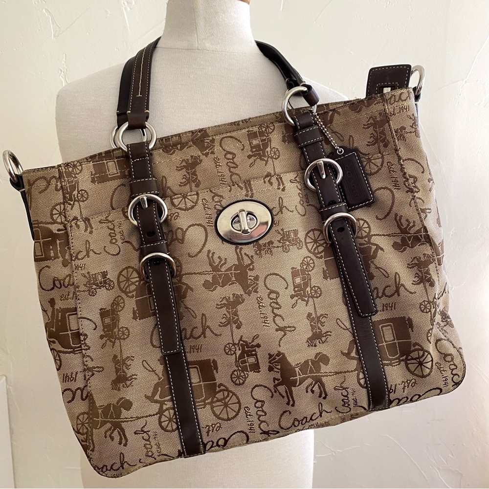Coach Beige Canvas Tote with Brown Leather Trim and Turn-Lock